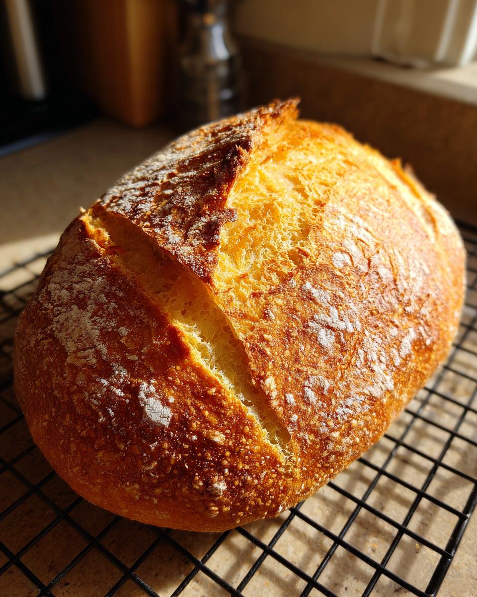 A freshly baked, golden-brown loaf of homemade french bread with a crisp, scored top, resting on a black cooling rack.