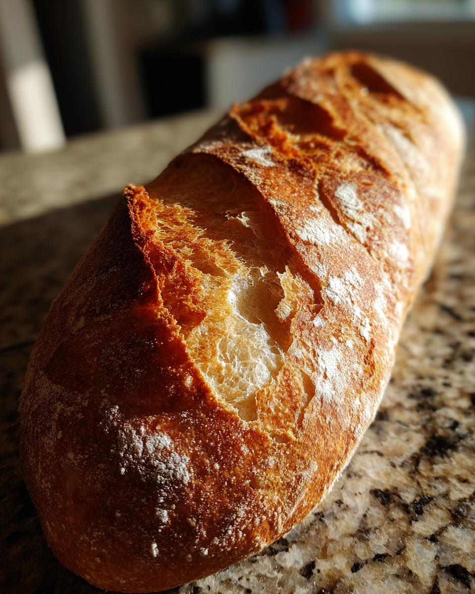 Close-up of a freshly baked, golden-brown french bread loaf with a crisp, scored crust dusted lightly with flour.