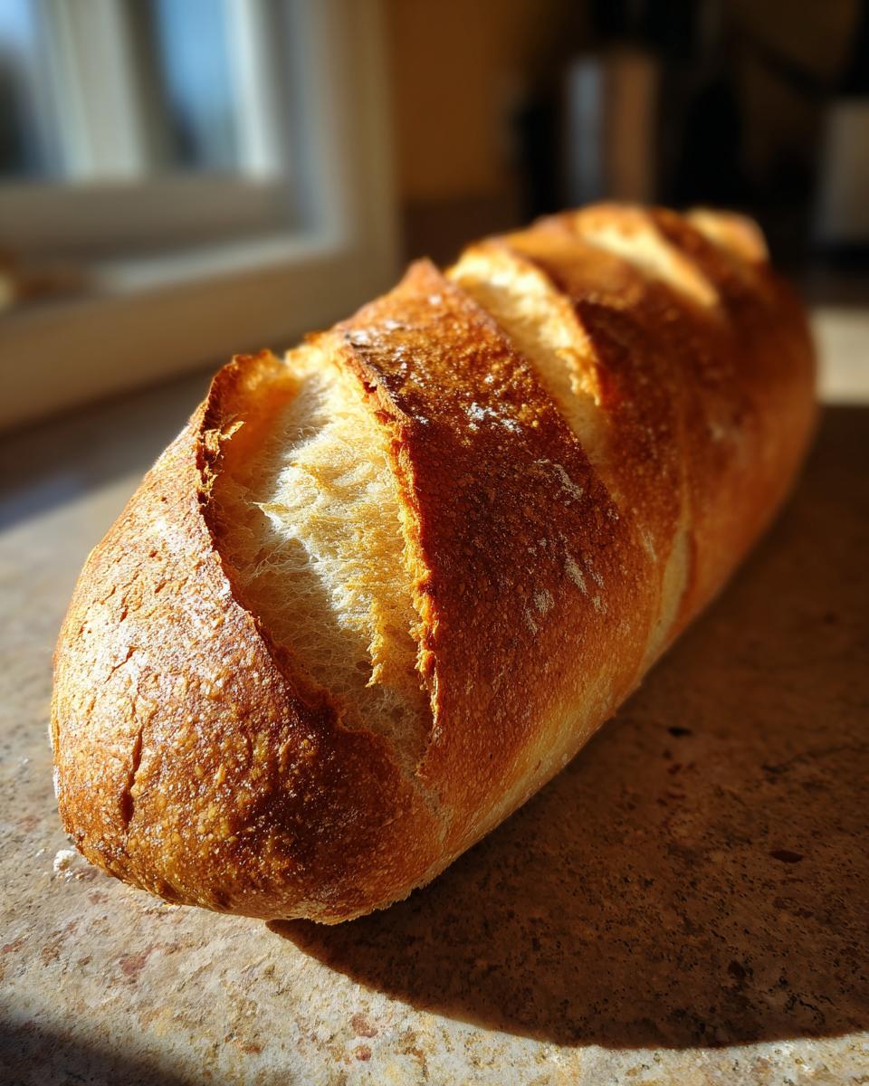 A close-up of a freshly baked, golden-brown french bread loaf with visible slashes catching the sunlight.