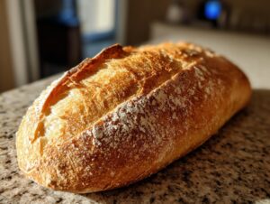 A close-up of a perfectly baked, golden brown french bread loaf dusted with flour, resting on a granite countertop.