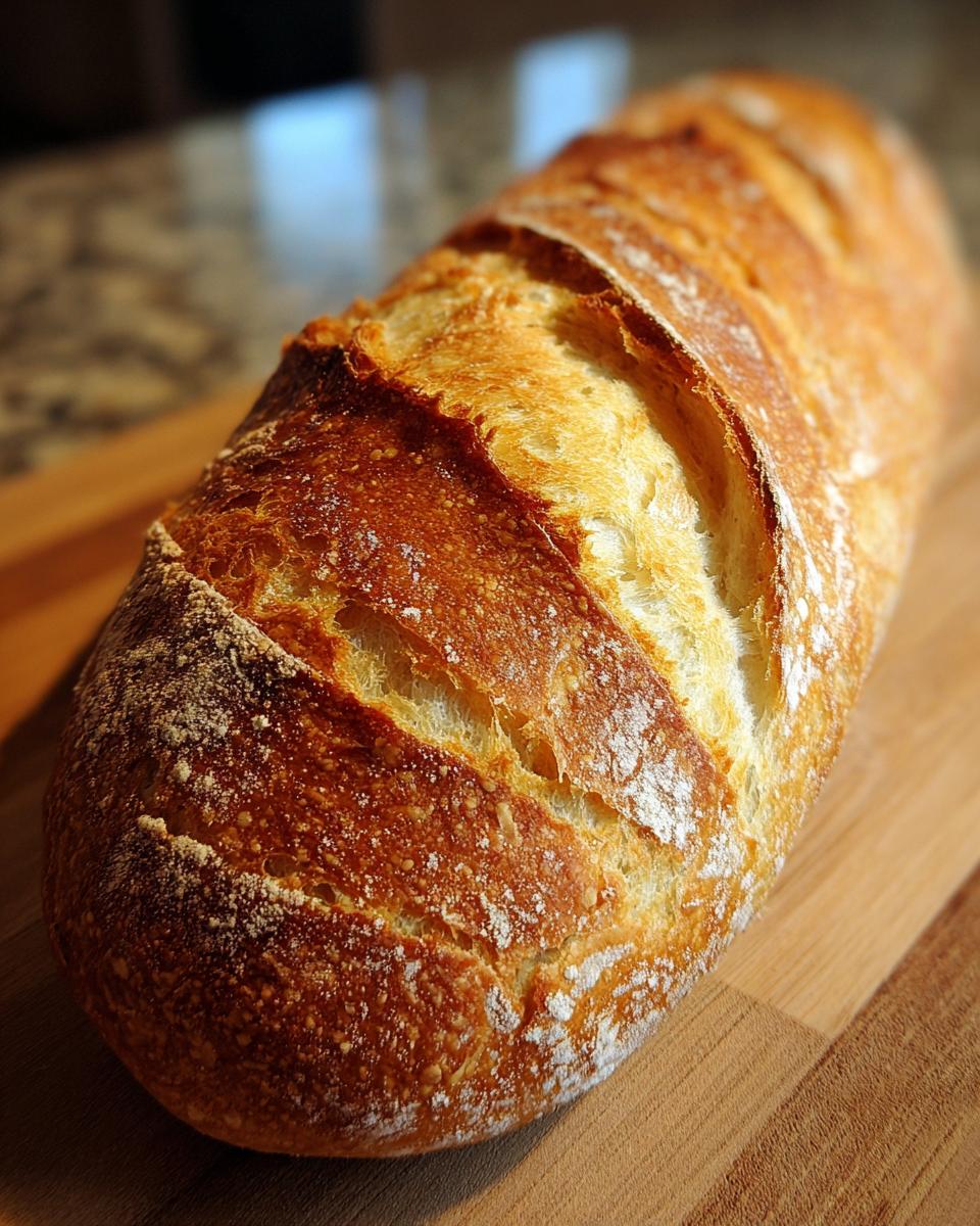 Close-up of a beautifully baked french bread loaf with a golden, scored crust dusted lightly with flour.
