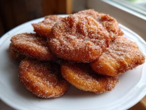 A pile of freshly fried, golden brown buñuelos generously coated in sparkling sugar on a white plate.