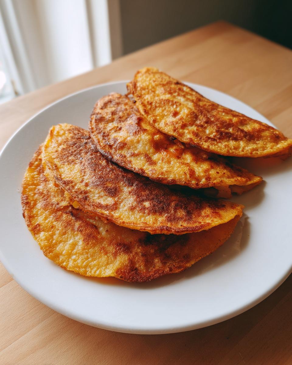 Four golden-brown, folded potato tacos stacked slightly on a white plate, ready to eat.