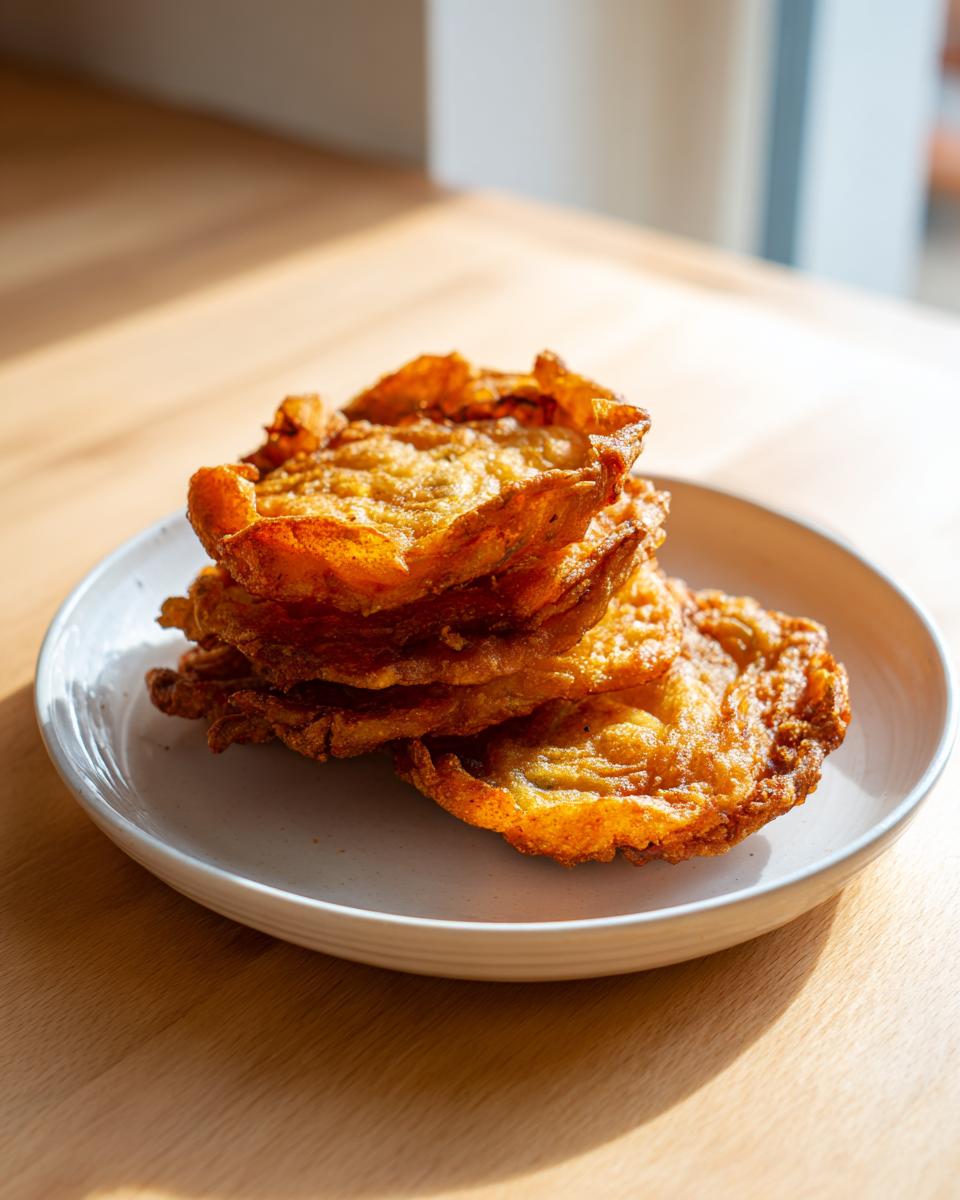A stack of four golden-brown, crispy fried potato tacos resting on a light-colored plate.