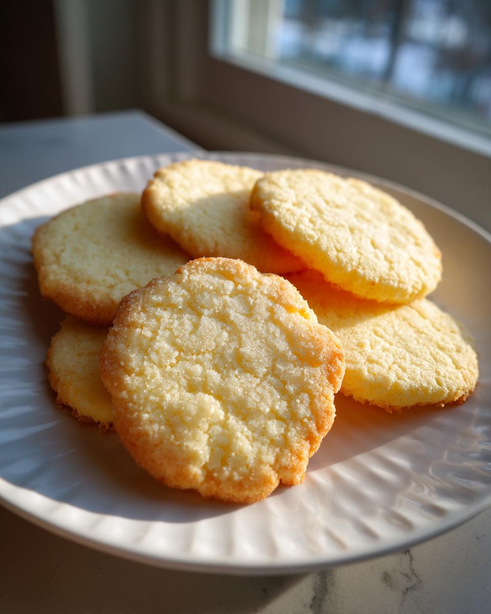 A stack of freshly baked vegan sugar cookies with a slightly textured, sugary top, sitting on a white plate near a window.