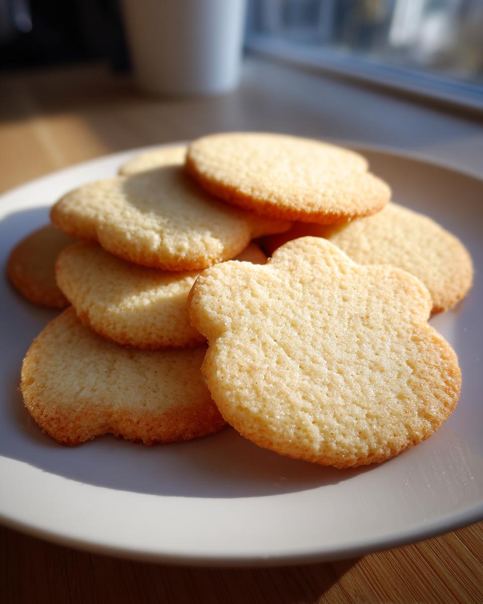 A stack of golden-brown vegan sugar cookies, one shaped like a bear or flower, resting on a white plate.