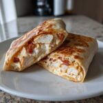 Close-up of a grilled chicken bacon ranch wrap cut in half, showing chunks of chicken, bacon bits, and creamy ranch filling.