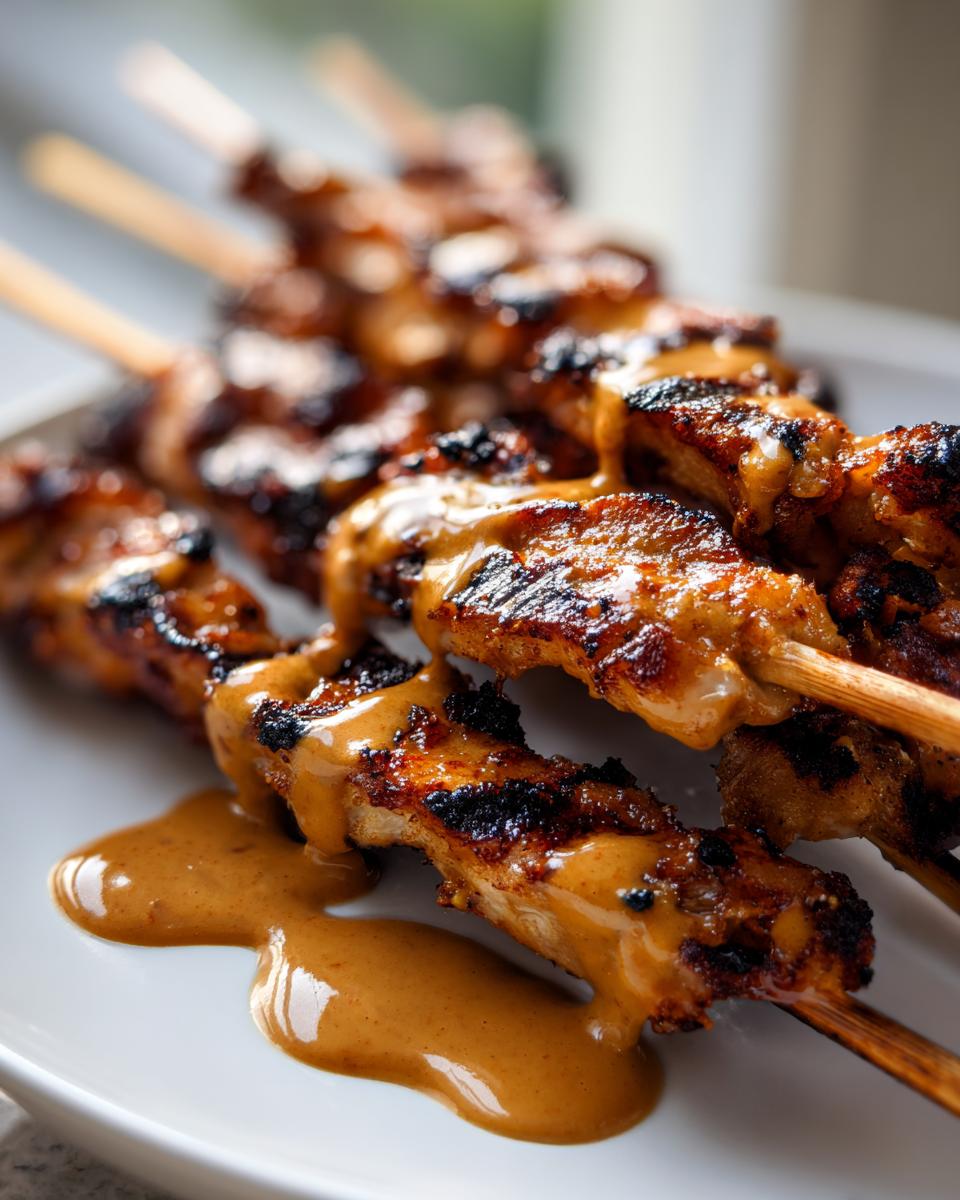 Close-up of grilled chicken satay skewers generously drizzled with rich peanut sauce.