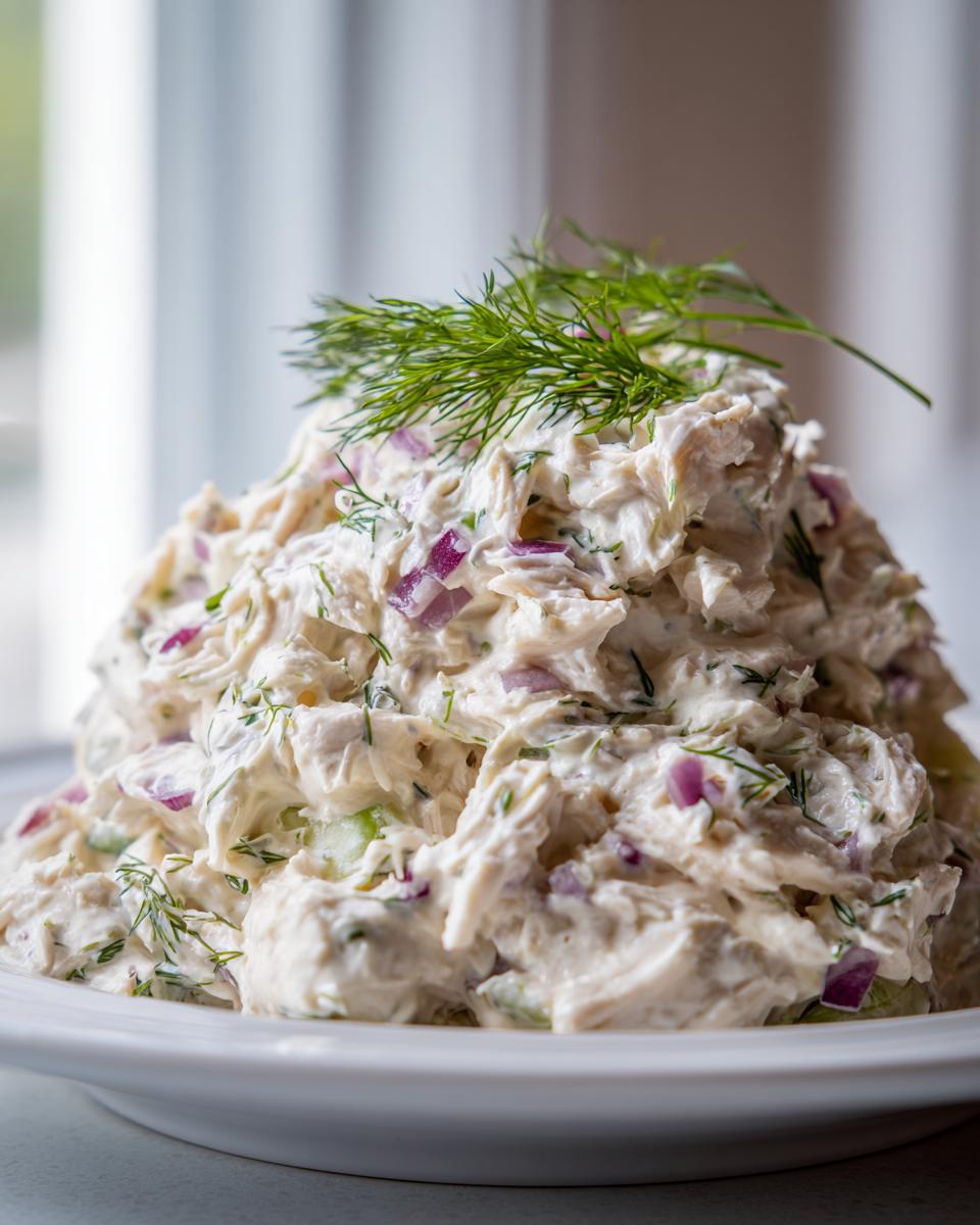 A generous mound of creamy cottage cheese chicken salad mixed with red onion and dill, served on a white plate.