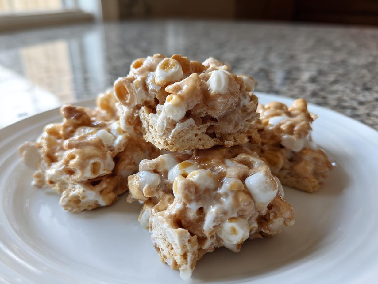A stack of gooey, no-bake avalanche cookies featuring marshmallows and peanut butter mixture on a white plate.