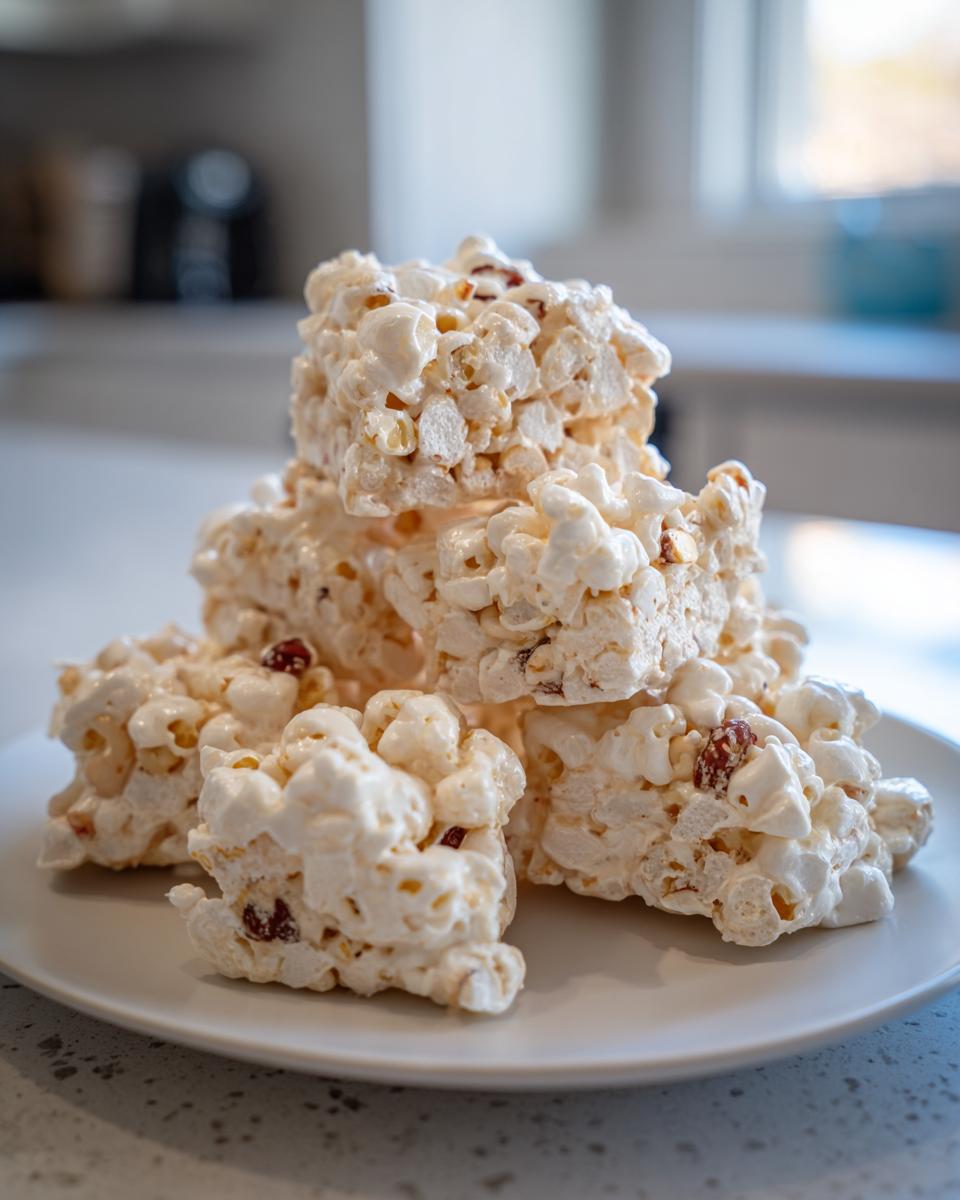 A stack of white, chunky avalanche cookies made with popcorn and dried fruit pieces on a white plate.