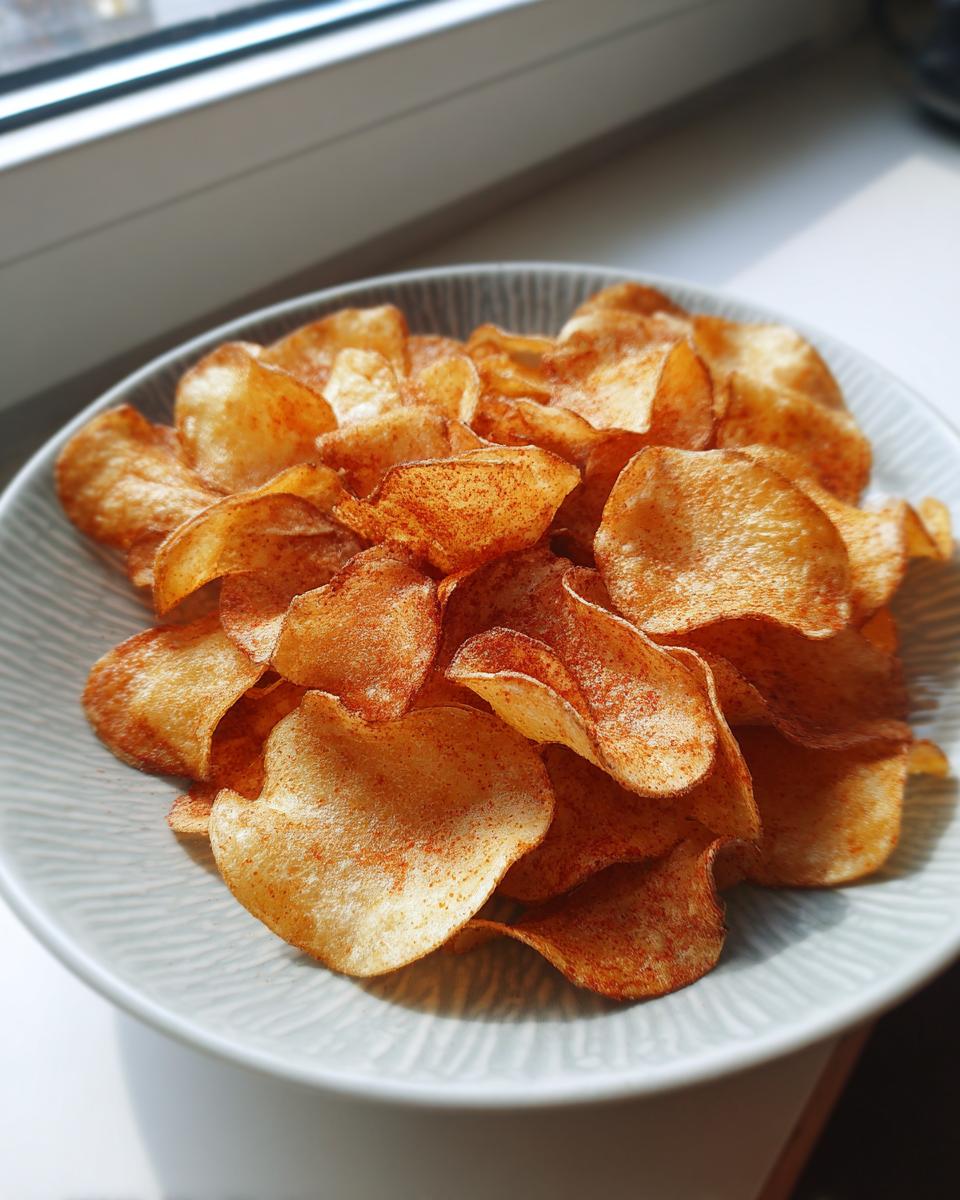 A bowl filled with crispy, homemade potato chips seasoned with paprika, ready to eat.