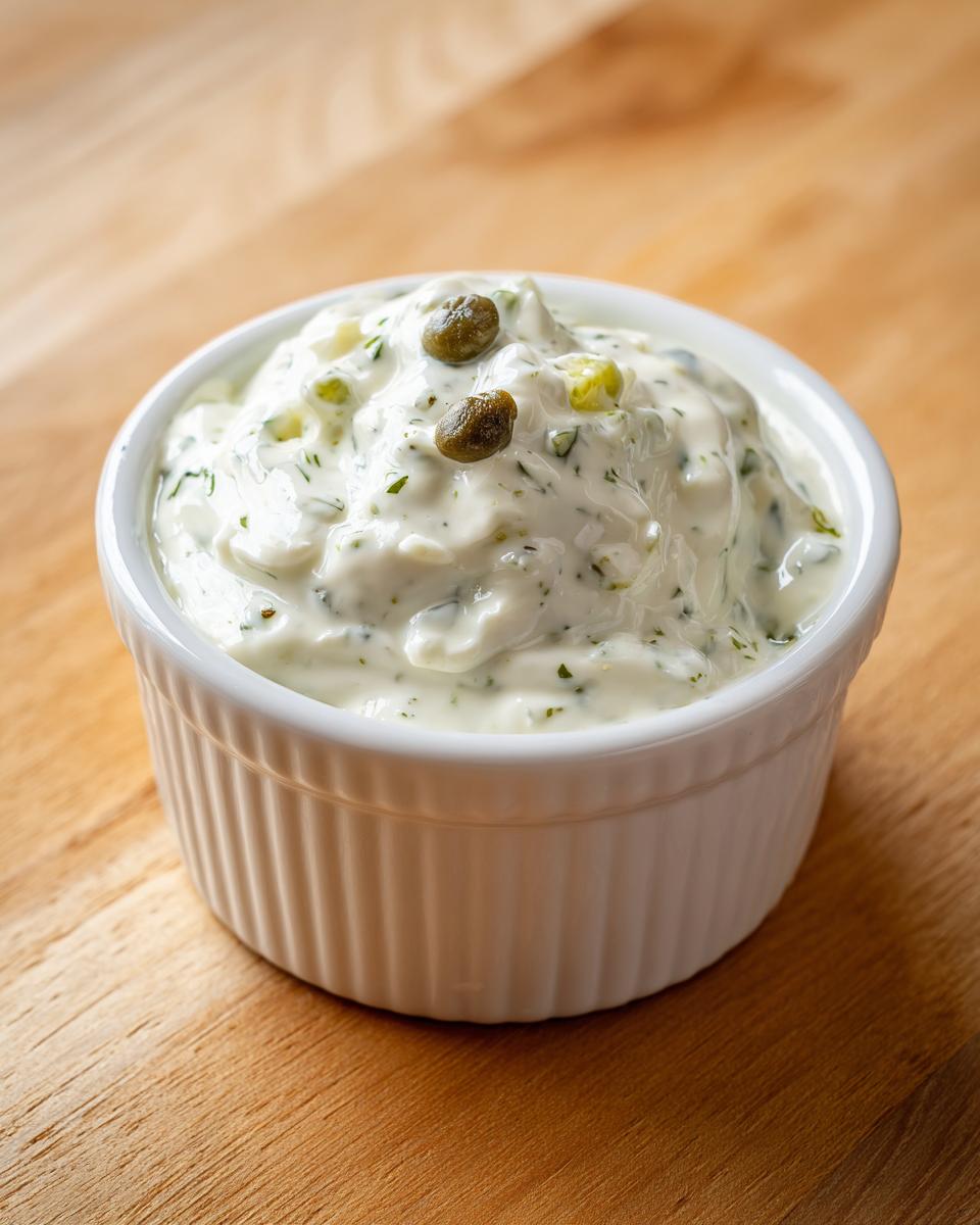 Close-up of creamy homemade tartar sauce topped with two capers in a small white bowl.