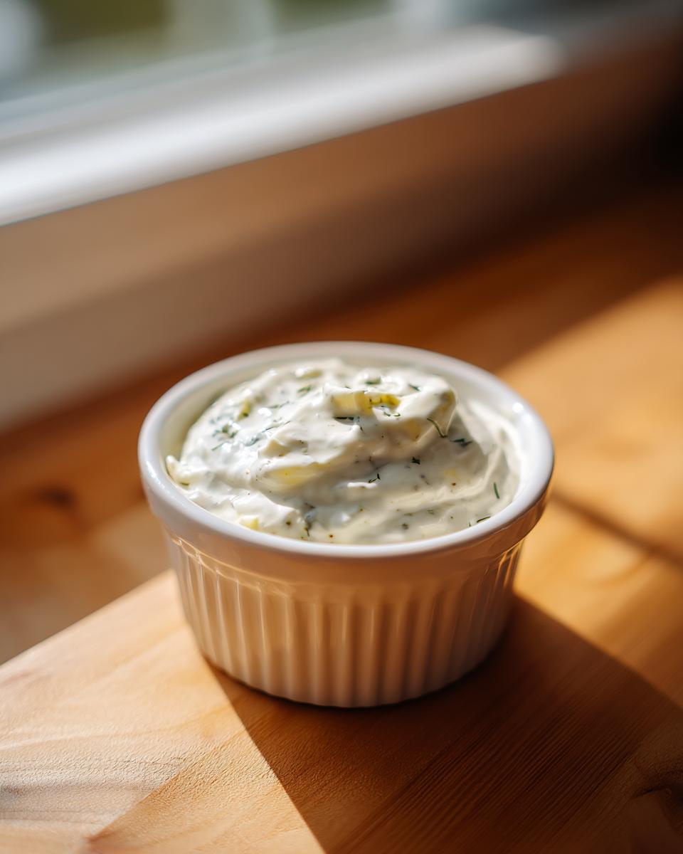 A close-up of creamy homemade tartar sauce with visible relish and herbs in a small white ramekin.