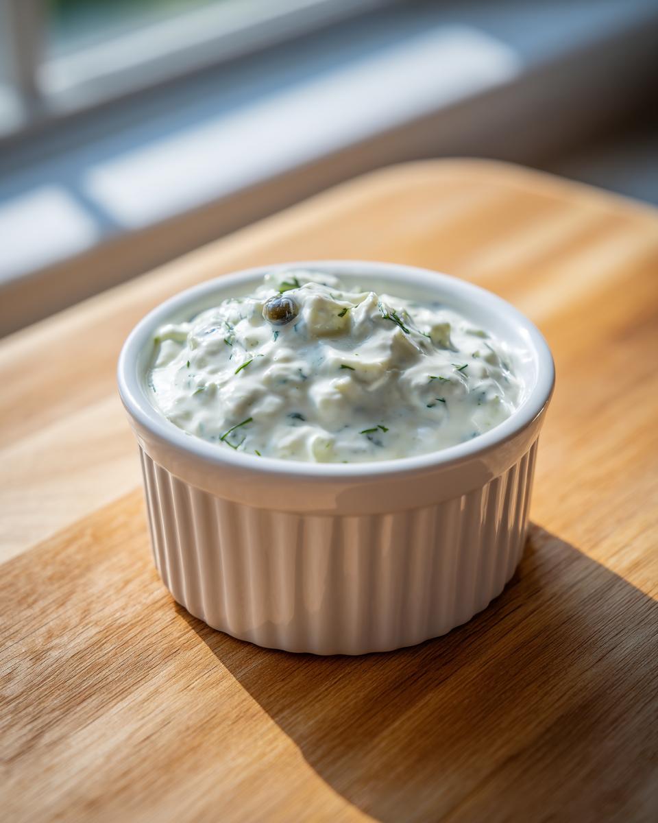 Close-up of creamy homemade tartar sauce topped with a caper in a white fluted ramekin.