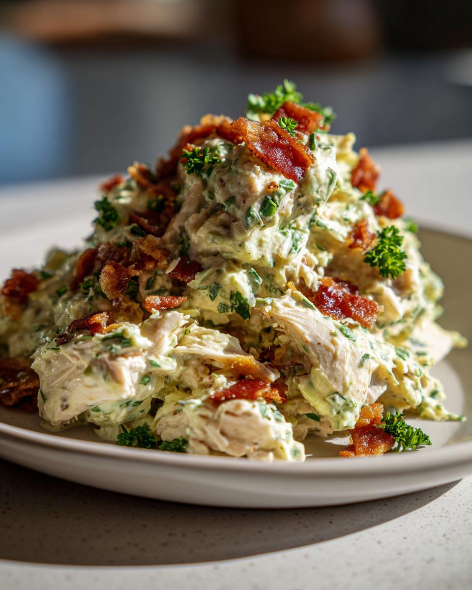 A generous mound of creamy honey mustard chicken salad topped with crispy bacon bits and fresh parsley.
