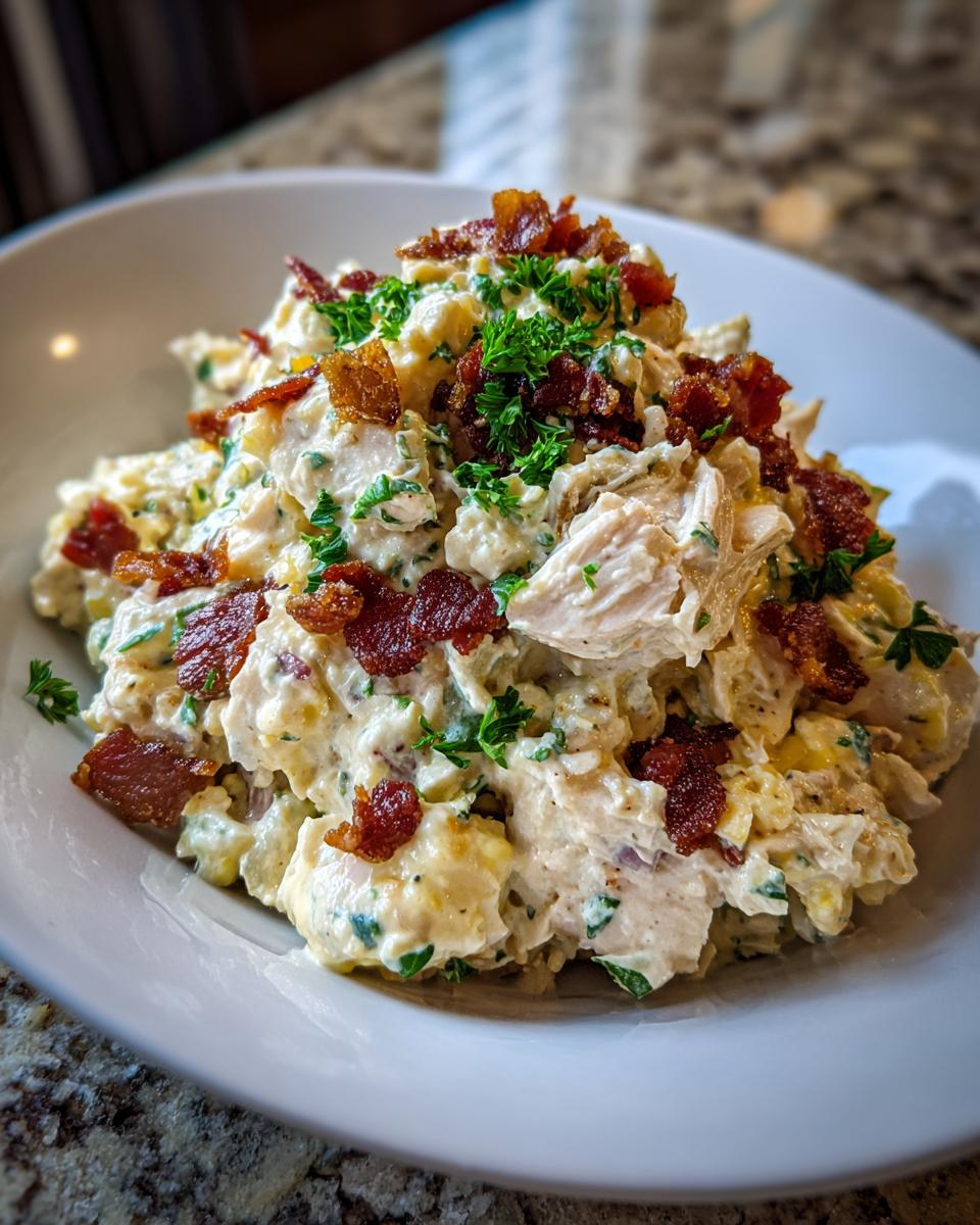A generous serving of creamy honey mustard chicken salad topped with crispy bacon bits and fresh parsley.