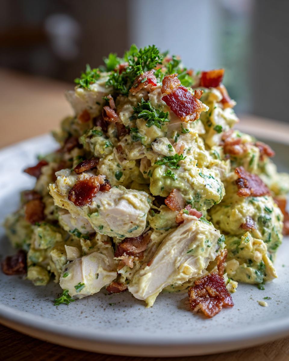 Close-up of a mound of creamy honey mustard chicken salad mixed with chunks of chicken and topped generously with crispy bacon pieces and parsley.