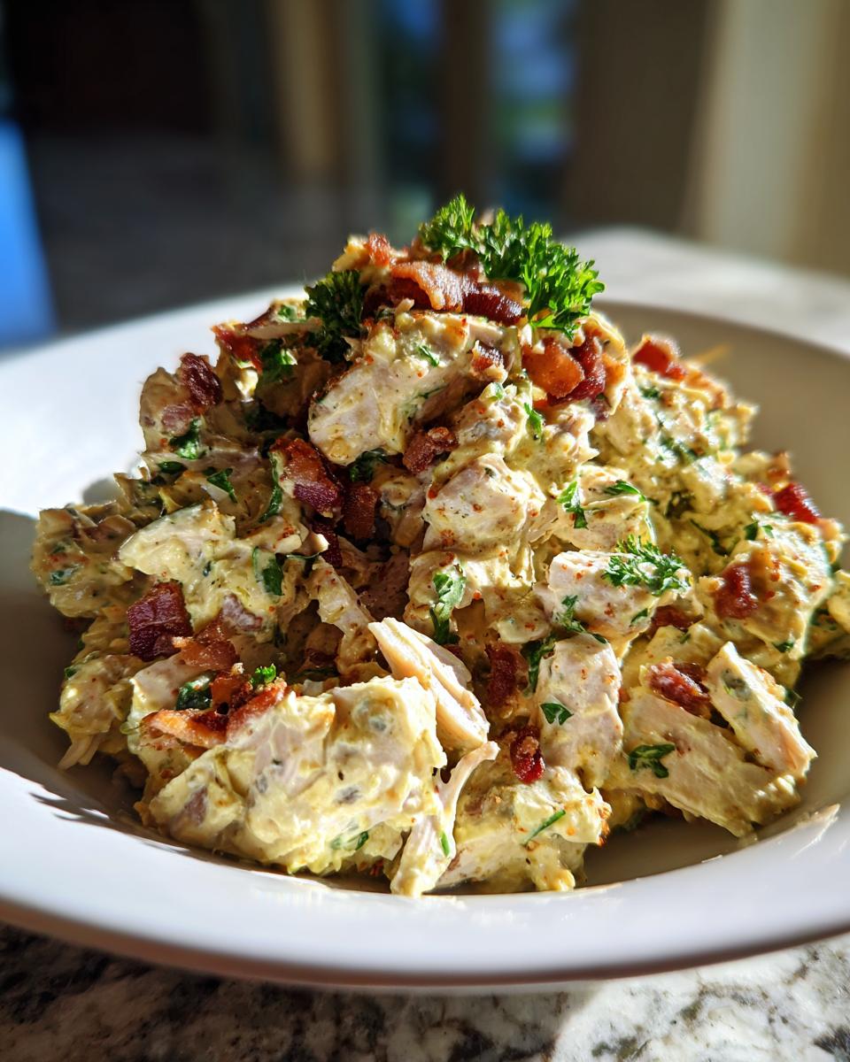 A close-up of creamy honey mustard chicken salad mixed with bacon bits and topped with fresh parsley.