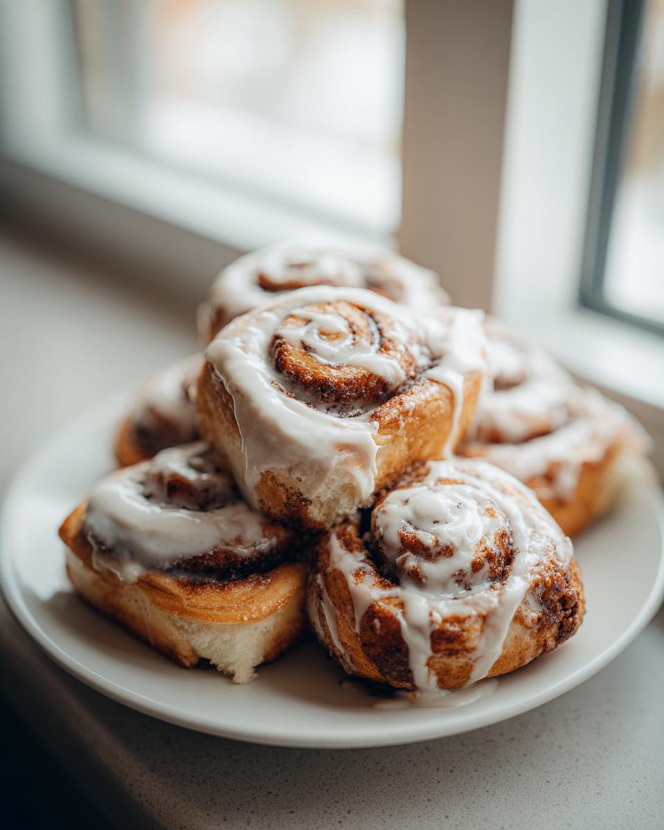 A stack of freshly baked, iced christmas tree cinnamon rolls piled on a white plate near a window.