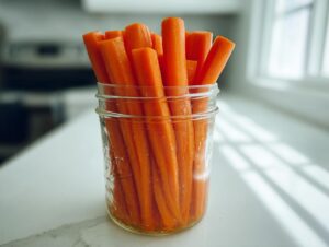 Bright orange carrot sticks tightly packed inside a glass mason jar, showcasing the fresh pickled carrots.