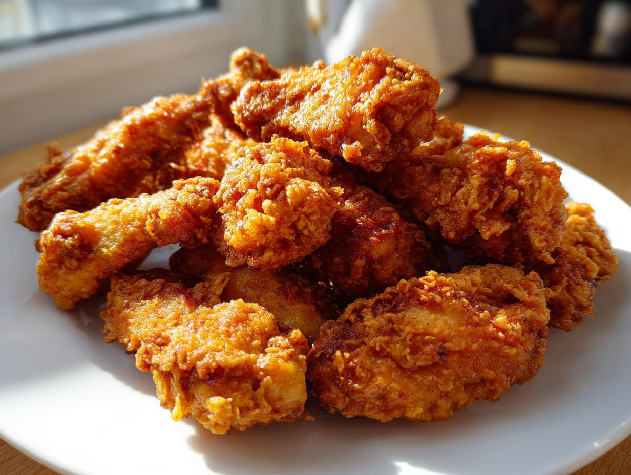 A close-up of a pile of golden brown, crispy fried chicken wings stacked on a white plate, beautifully lit by natural light.