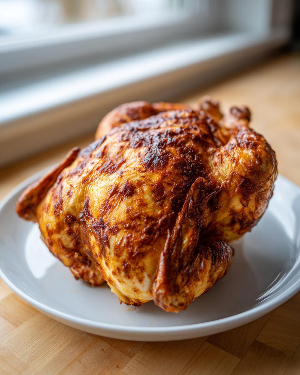 A perfectly roasted whole chicken with golden-brown, crispy skin resting on a white platter.