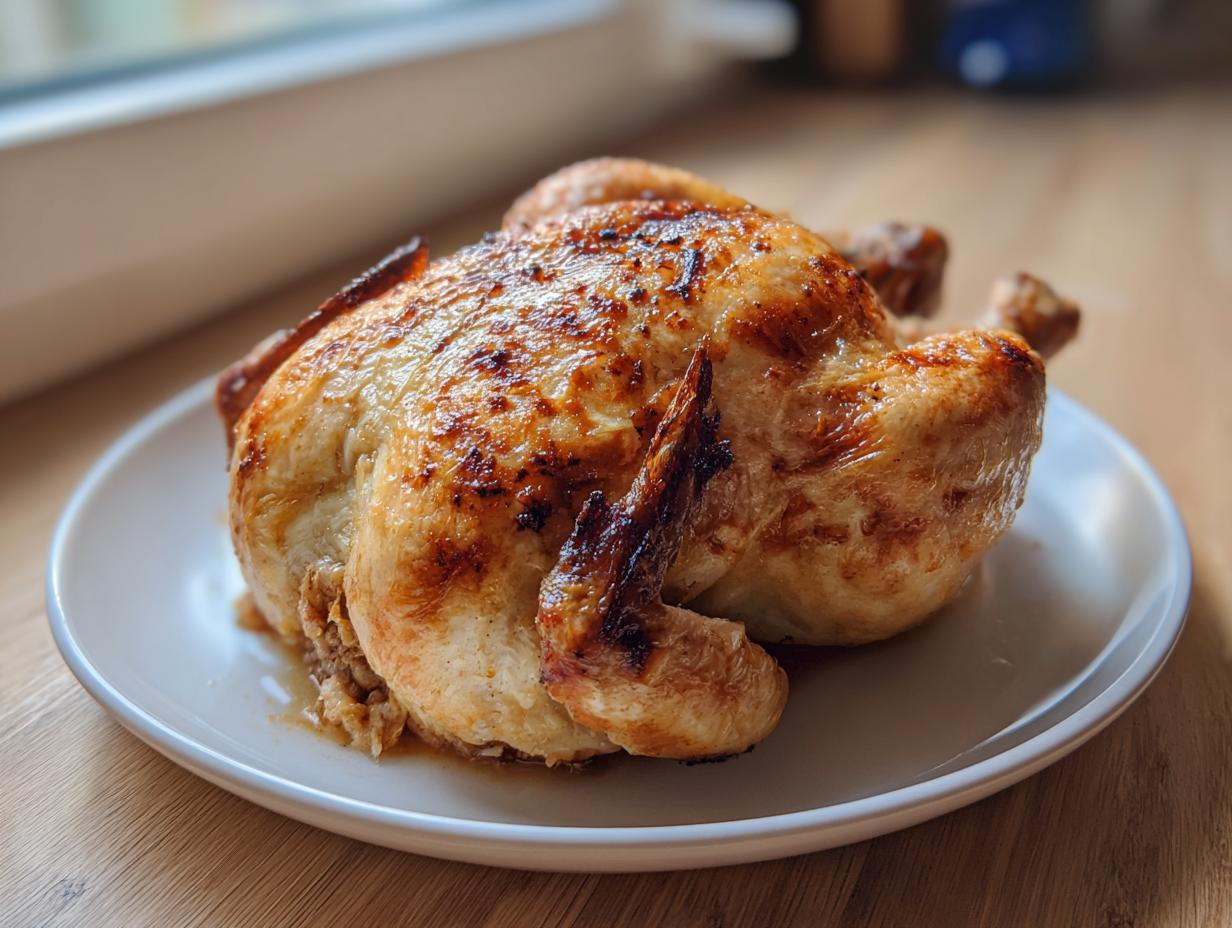 A beautifully roasted whole chicken with golden-brown, crispy skin resting on a white plate.
