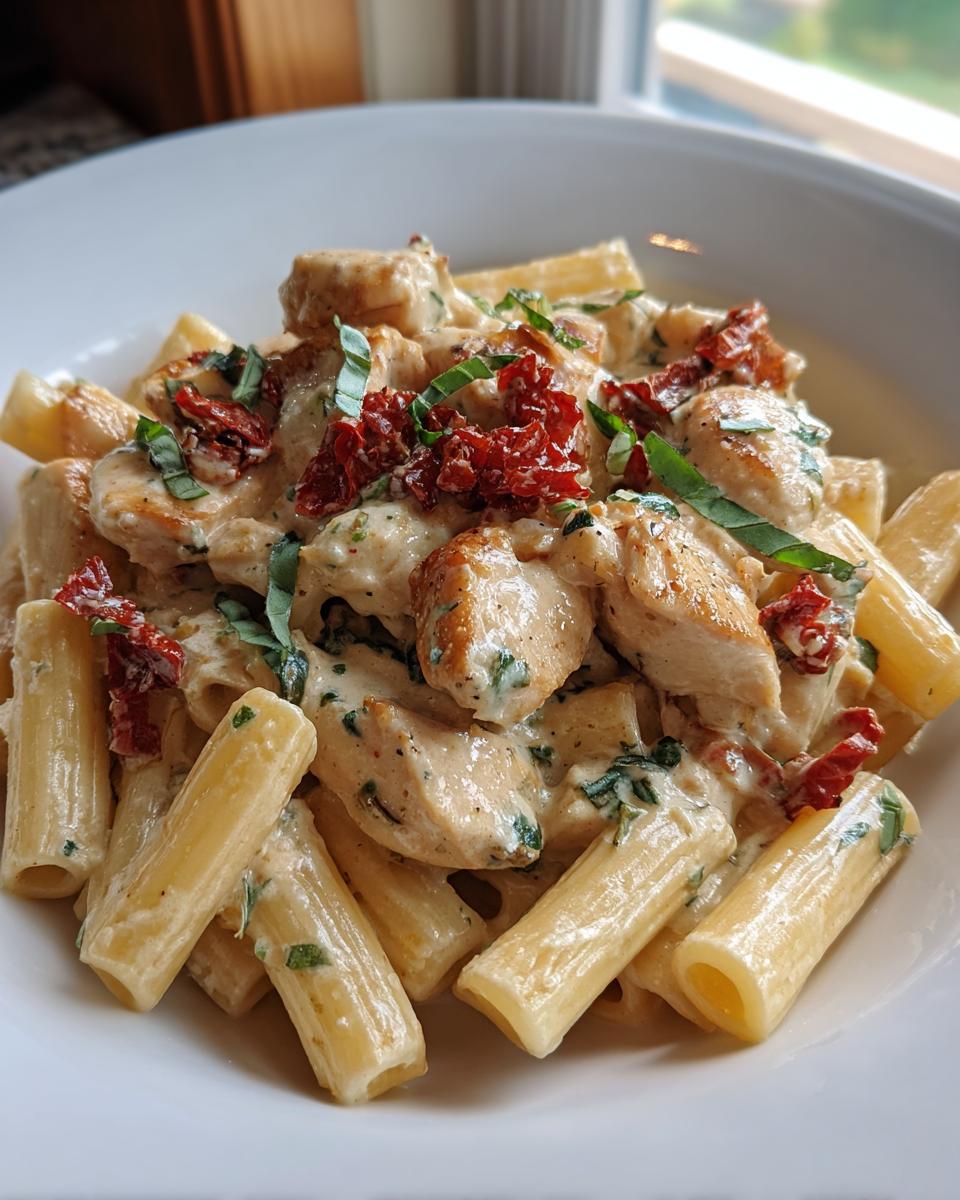 Close-up of a bowl of marry me chicken pasta featuring rigatoni, creamy sauce, chicken pieces, and sun-dried tomatoes.