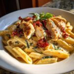 A white bowl filled with creamy marry me chicken pasta, topped with sliced grilled chicken and sun-dried tomatoes.