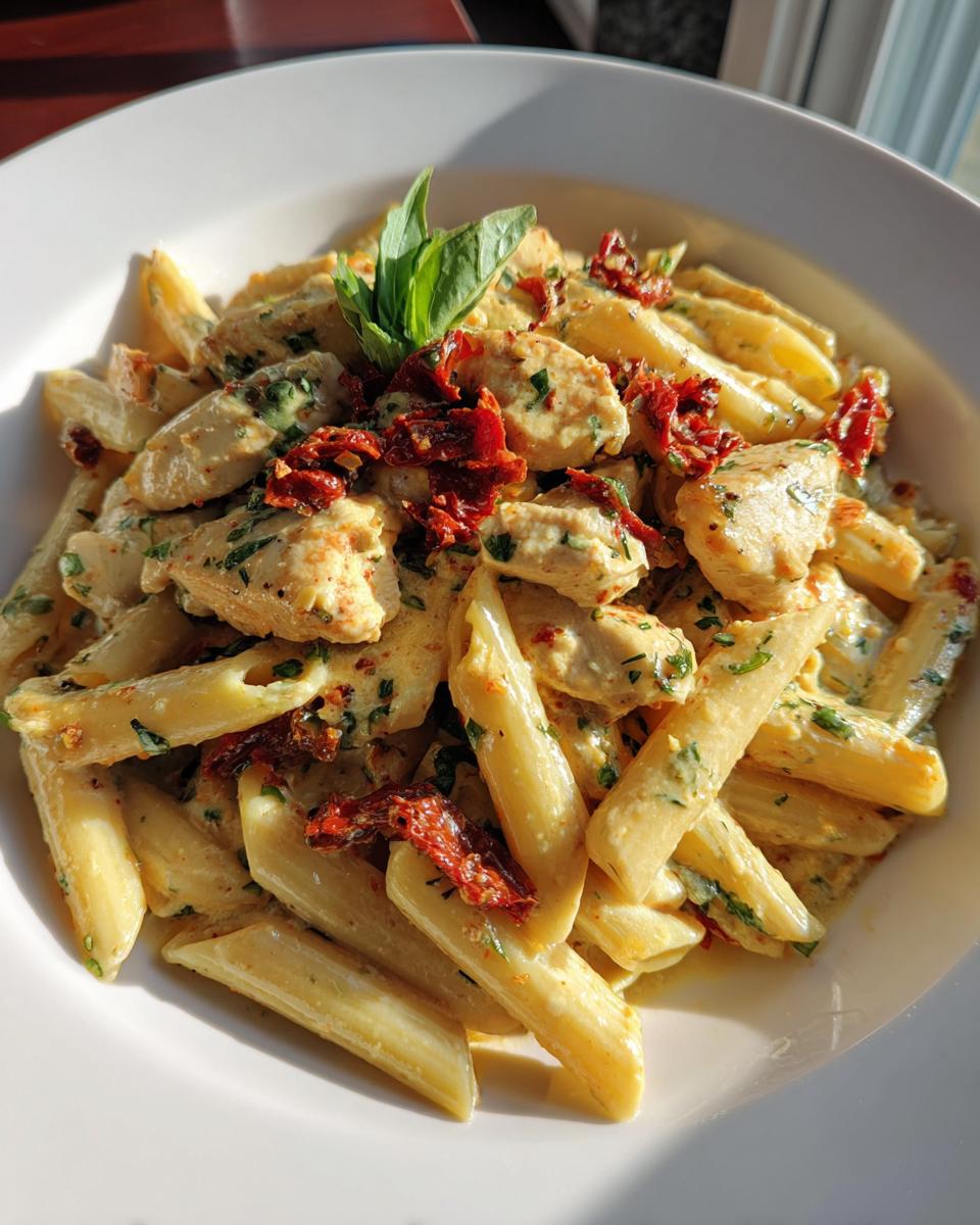 Close-up of a bowl of creamy marry me chicken pasta featuring penne, chicken pieces, and sun-dried tomatoes, garnished with basil.
