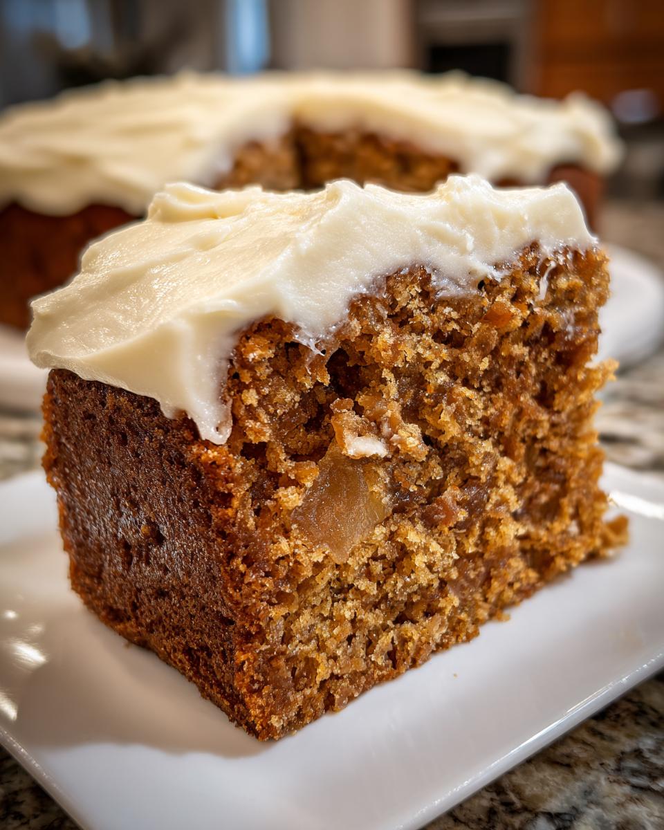 Close-up of a thick slice of moist applesauce cake topped with creamy white frosting.