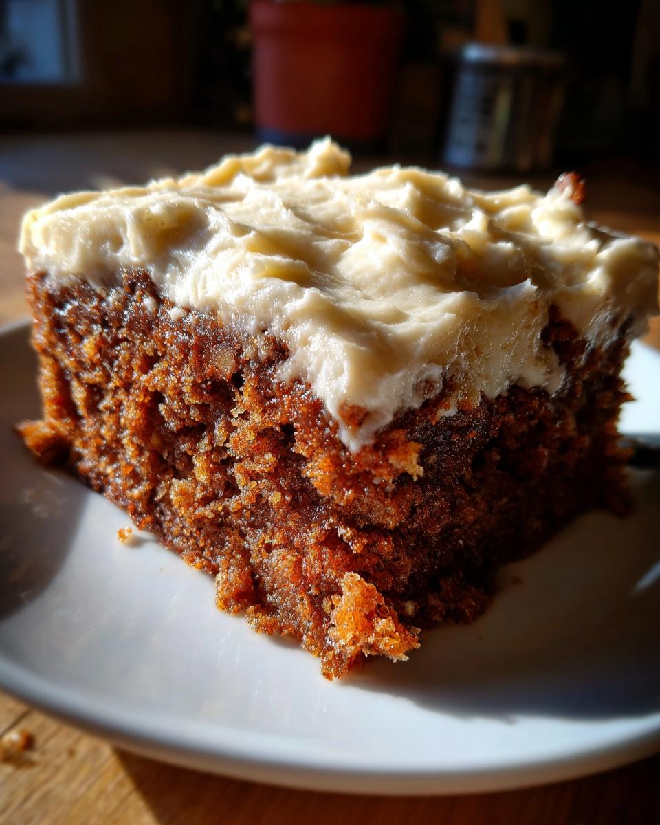 A close-up, sunlit slice of moist applesauce cake topped with thick, creamy white frosting on a white plate.