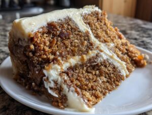 Close-up of a thick slice of moist applesauce cake layered with white cream cheese frosting.