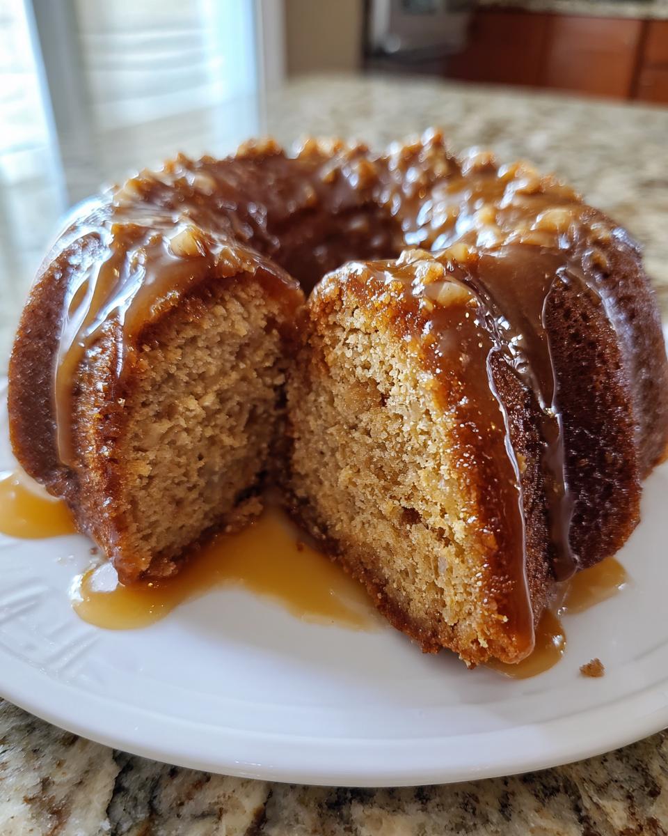 A moist Bacardi Rum Cake, cut in half on a white plate, generously drizzled with a shiny caramel-pecan glaze.