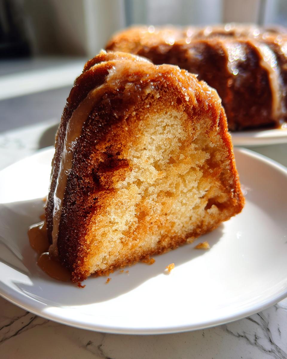 A close-up of a moist slice of Bacardi rum cake drizzled with a rum glaze, sitting on a white plate.