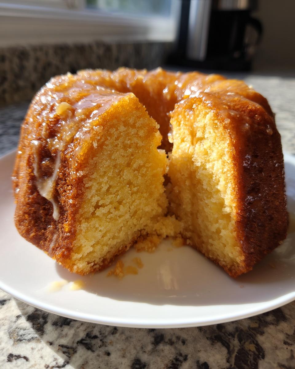 A moist, golden Bacardi rum cake with a rum glaze, sitting on a white plate with one slice partially removed.