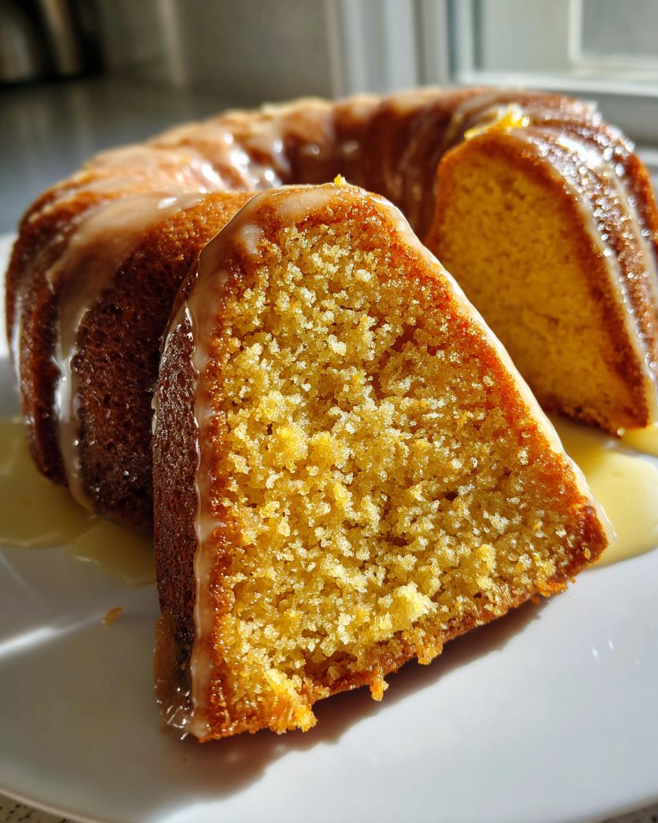Close-up of a moist slice cut from a Bacardi rum cake, drizzled with a light glaze.