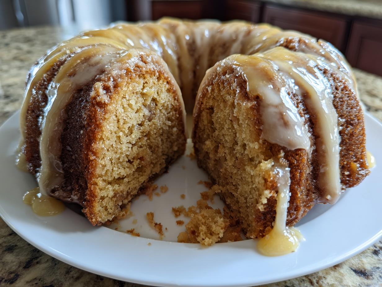 A moist Bacardi Rum Cake, drizzled with a light glaze, cut in half on a white plate.