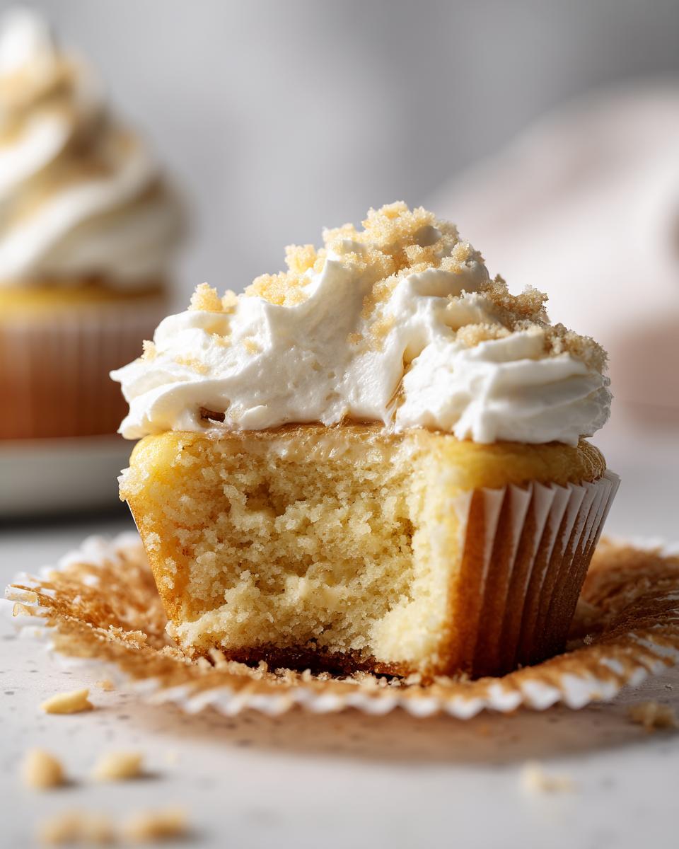 Close-up of a banana pudding cupcakes with a bite taken out, showing the moist crumb and whipped topping with cookie crumbles.