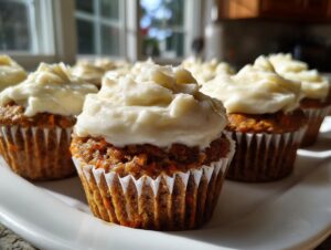 A close-up of several moist carrot cake muffins topped with thick cream cheese frosting on a white platter.