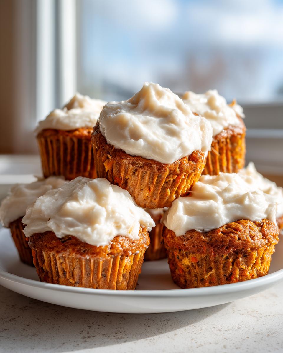 A stack of freshly baked carrot cake muffins topped with thick cream cheese frosting, ready to eat.