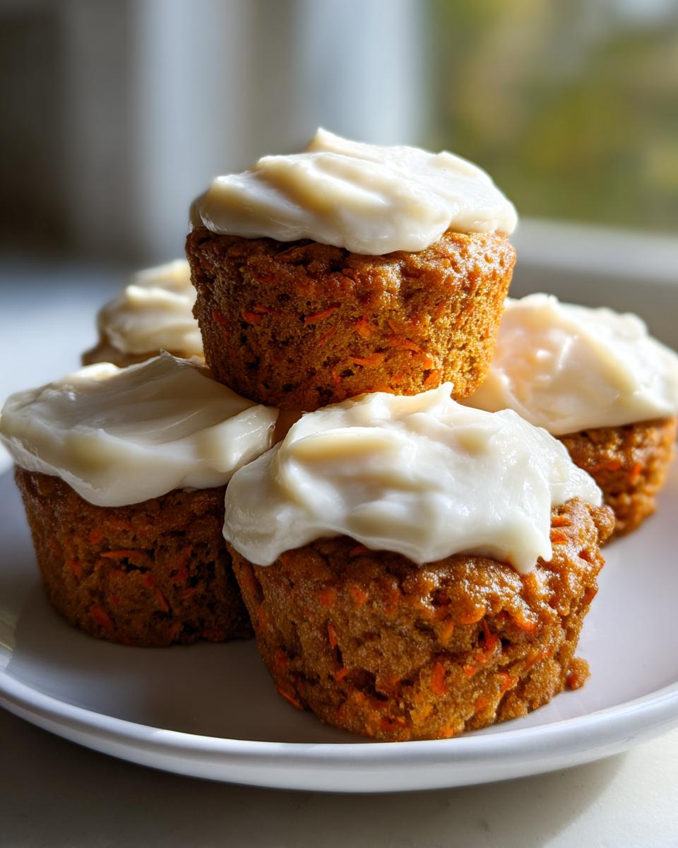A stack of four moist carrot cake muffins topped generously with white cream cheese frosting.