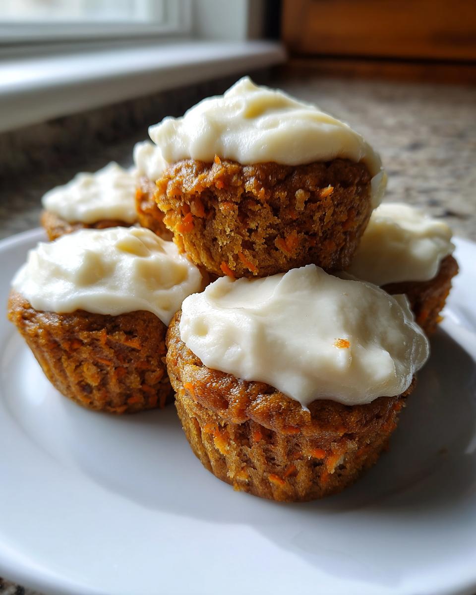 A stack of five moist carrot cake muffins topped with thick, white cream cheese frosting.
