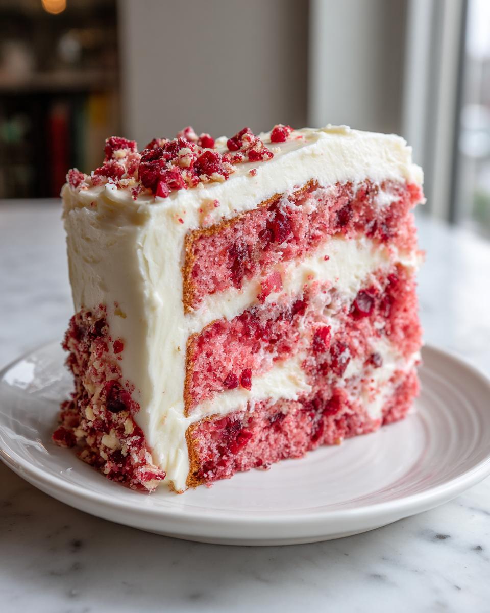 A tall, moist slice of pink cherry cake layered with white frosting and topped with cherry crumble.