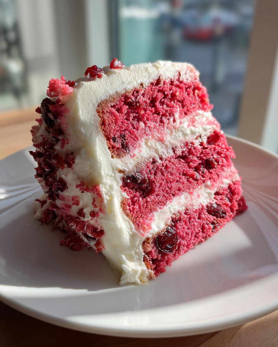 A close-up slice of moist red cherry cake layered with white frosting and visible dried cherries.
