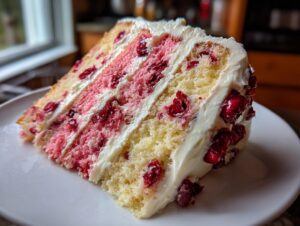 Close-up of a tall slice of moist cherry cake showing three layers of cake studded with red fruit and white frosting.