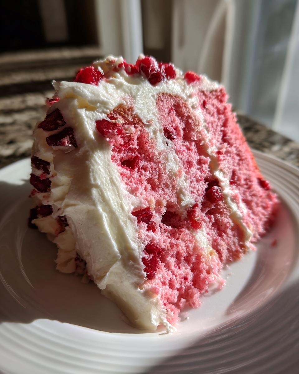 Close-up of a slice of moist pink cherry cake layered with white frosting and topped with cherry pieces.
