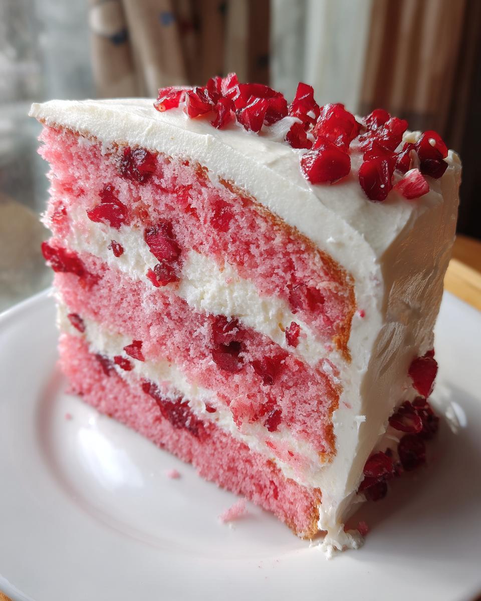 A tall slice of moist pink cherry cake layered with white frosting and topped with dried red fruit pieces.