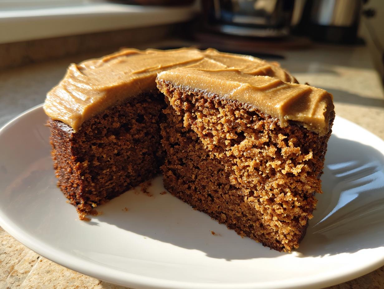 Close-up of a moist slice of dark brown gingerbread cake topped with creamy caramel-colored frosting.